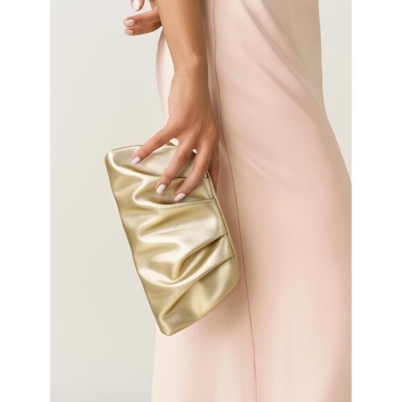 ⚡Women's Soft Pleated Vegan Leather Zipper Closure Evening Gold Clutch Bag - Picture 5 of 6